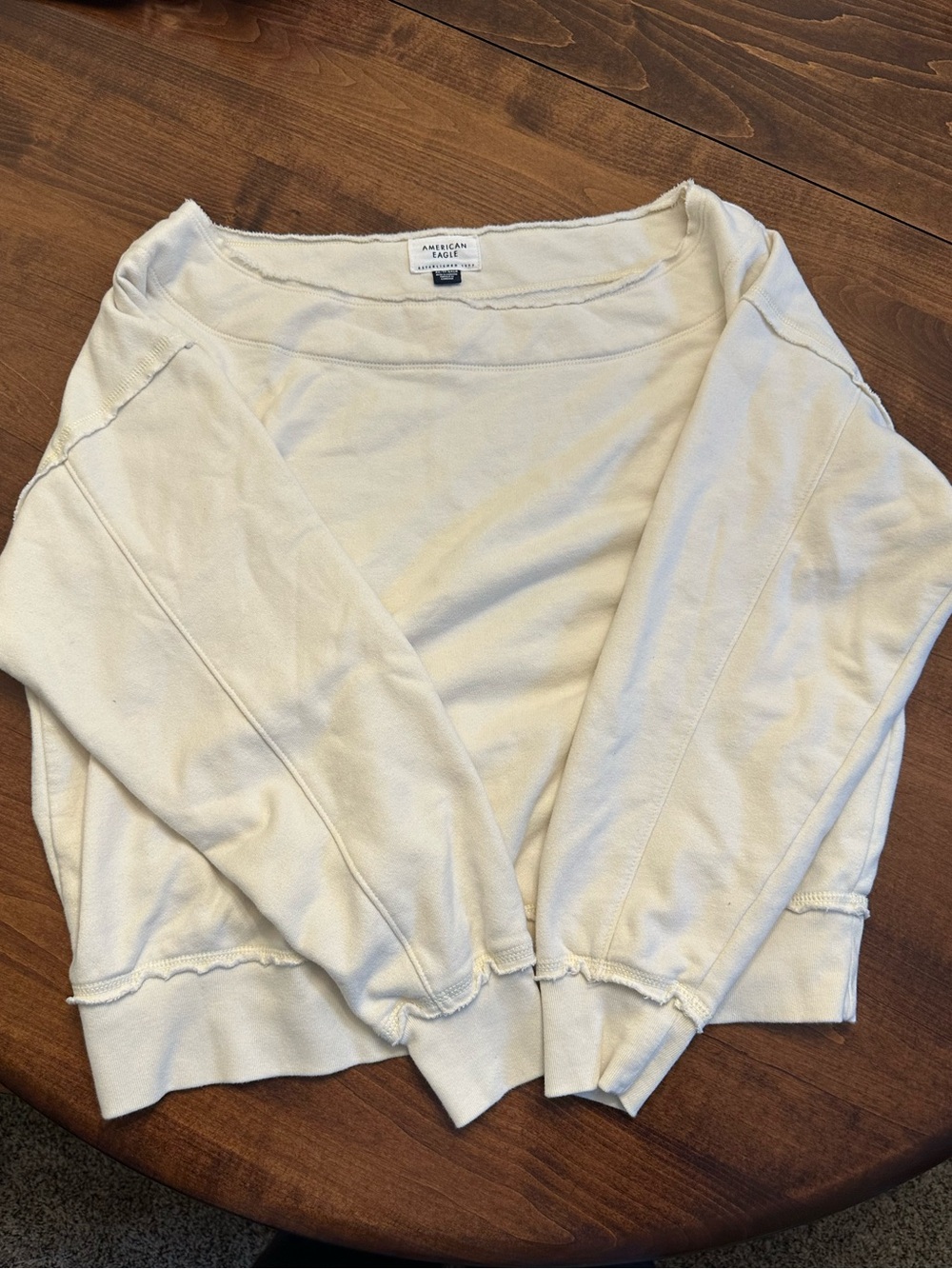 American Eagle Cream Raw-Edge Pullover